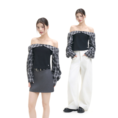 FISSXS 春季新款一字肩泡泡袖格子领修身长袖简约打底上衣女