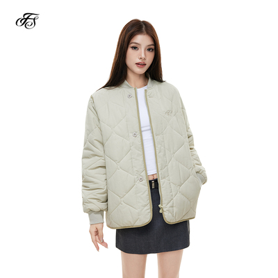 FISSXS 菱形格轻薄棉衣女休闲宽松百搭刺绣夹棉保暖夹克外套上衣