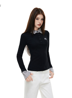 FISSXS 假两件修身显瘦翻领刺绣POLO衫女拼接磨毛打底长袖上衣