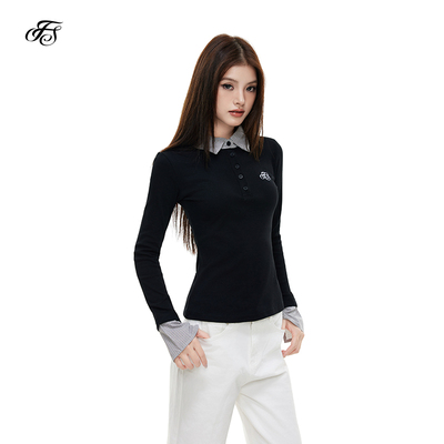 FISSXS 假两件修身显瘦翻领刺绣POLO衫女拼接磨毛打底长袖上衣