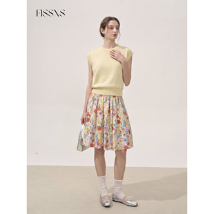 FISSXS 夏季休闲宽松碎花半身裙套装修身透气针织短袖女裙子
