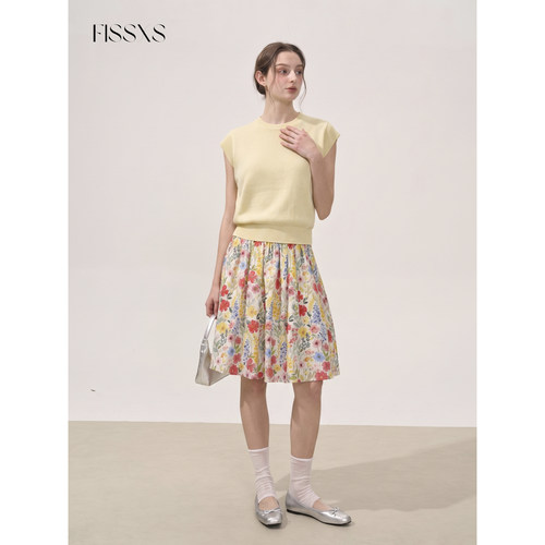FISSXS 夏季休闲宽松碎花半身裙套装修身透气针织短袖女裙子