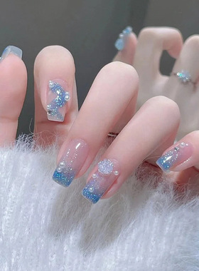 美甲穿戴甲蓝色山茶花中长短款显白学生气质美甲贴片可拆卸假指甲