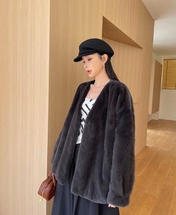 进口紫标天鹅绒级水貂皮草女貂皮大衣女整貂大衣貂毛外套V领短款