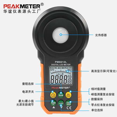 PEAKMETER华谊数字式照度计彩色LED灯亮度测试仪测光仪PM6612L