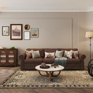 美式乡村复古豆腐块沙发软包沙发别墅小户型客厅皮艺沙发美拉德风