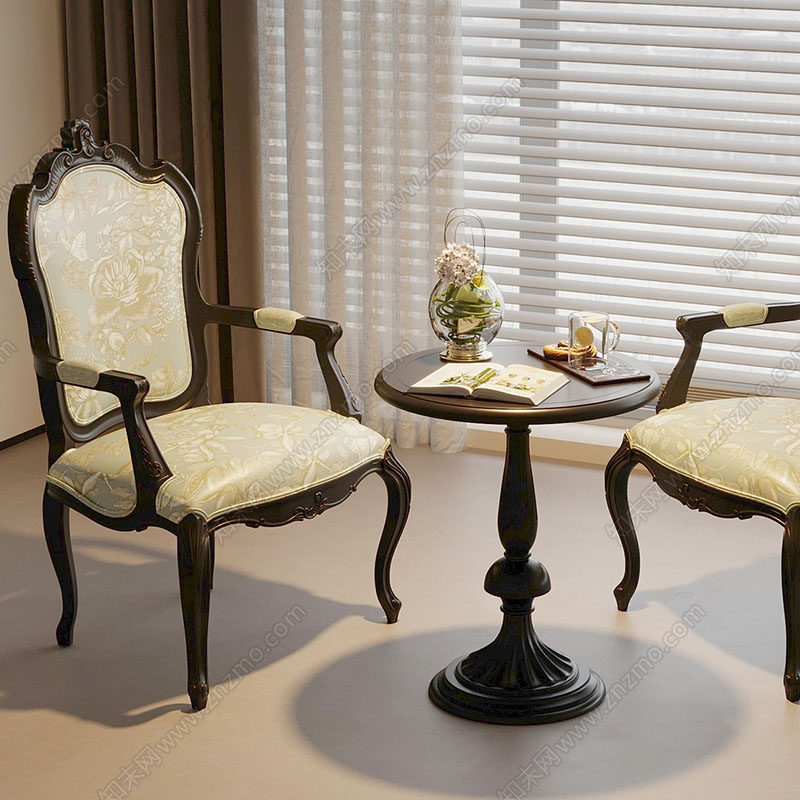 美式复古轻奢风实木雕花沙发椅单人客厅高级感布艺座椅欧式雕花椅