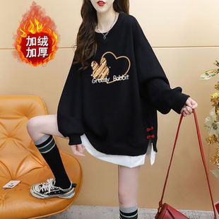 加绒中长款卫衣女假两件韩版宽松大码休闲300斤胖mm圆领长袖上衣