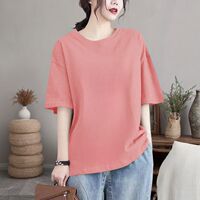 100% pure cotton large-sized short-sleeved T-shirt for women, solid color Korean-style T-shirt, loose half-sleeved top, fashionable round-neck base layer thumbnail 4