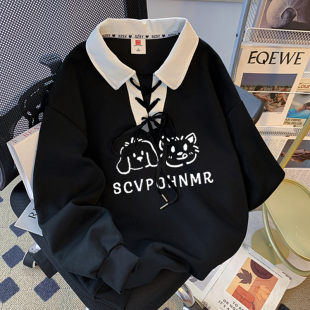 加绒宽松外套女大码300斤polo领卫衣胖MM设计感小众翻领长袖上衣