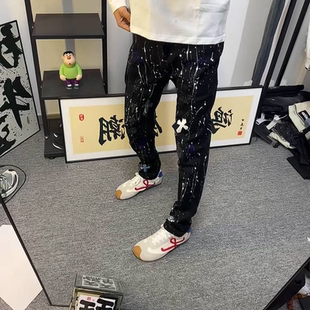 青少年潮牌痞帅长裤 高街风泼墨扎染十字架刺绣烫钻牛仔裤 男生修身
