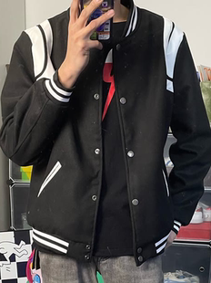 毛呢拼接夹克男生痞帅小伙潮牌宽松显瘦学生外套 美式 秋季 网红同款