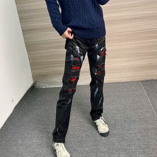 美式高街风破洞牛仔裤男潮流修身直筒长裤黑色水洗青少年烫钻裤子