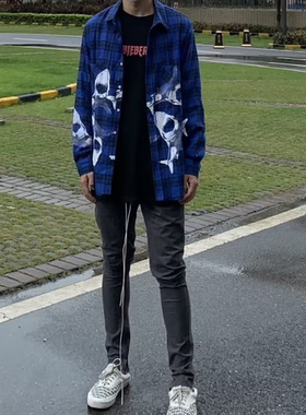 秋季炸街衬衫男鲨鱼上衣长袖美式高街痞帅潮牌格子蓝色高级感外套