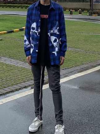 秋季炸街衬衫男鲨鱼上衣长袖美式高街痞帅潮牌格子蓝色高级感外套
