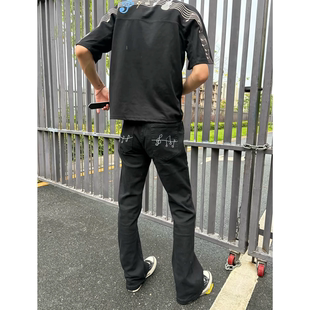 美式高街黑色音符刺绣微喇牛仔裤男士修身显瘦弹力长裤休闲潮流款