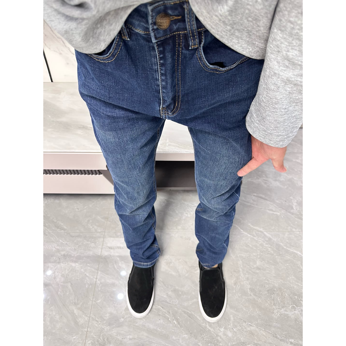 美式复古水洗深蓝色牛仔裤男修身直筒百搭显瘦休闲长裤拉链小脚裤