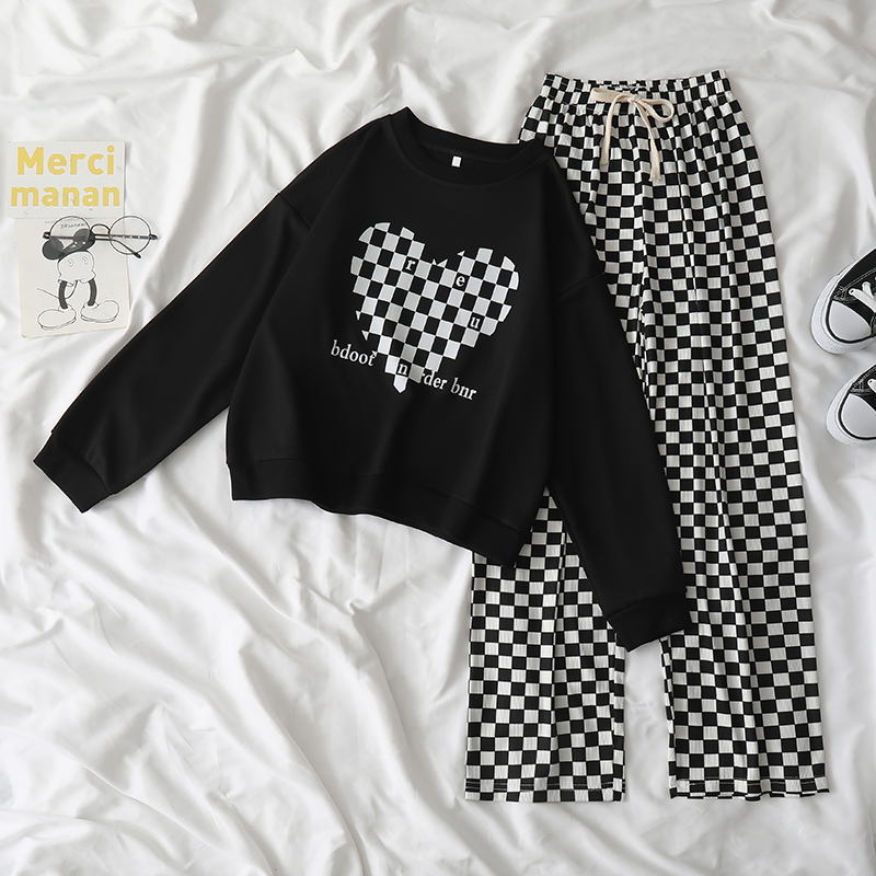 女童阔腿裤套装春秋季卫衣网红棋盘格长裤宽松长袖洋气中大童秋装