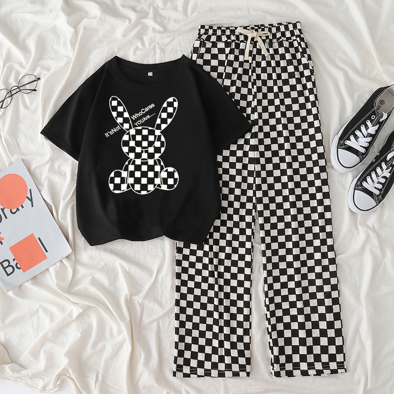 女童夏装两件套新款5-12岁女孩夏季休闲棋盘裤套装时髦中大童夏天