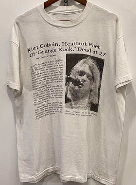 Kurt Cobain科特柯本黑白报纸人像复古vintage短袖高街重磅T恤男
