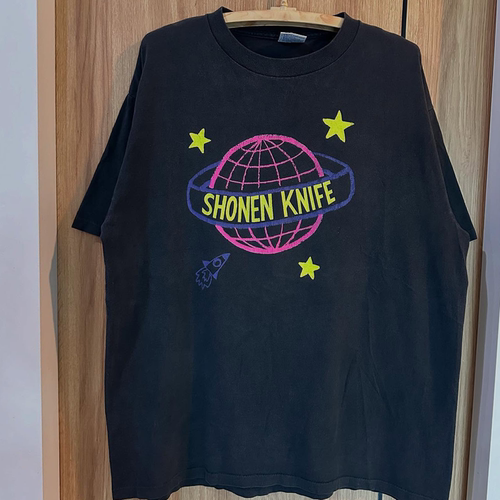Shonen Knife乐队撞色拼接潮流落肩短袖T恤oversize高街原宿风tee