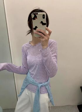 韩系甜美百搭木耳边长袖卷边T恤女春夏款薄款显瘦防晒打底衫上衣