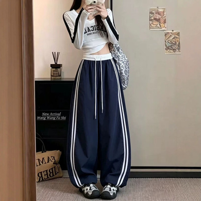 撞色条纹速干弯刀裤女夏季2026新款高腰宽松显瘦百搭休闲阔腿裤子