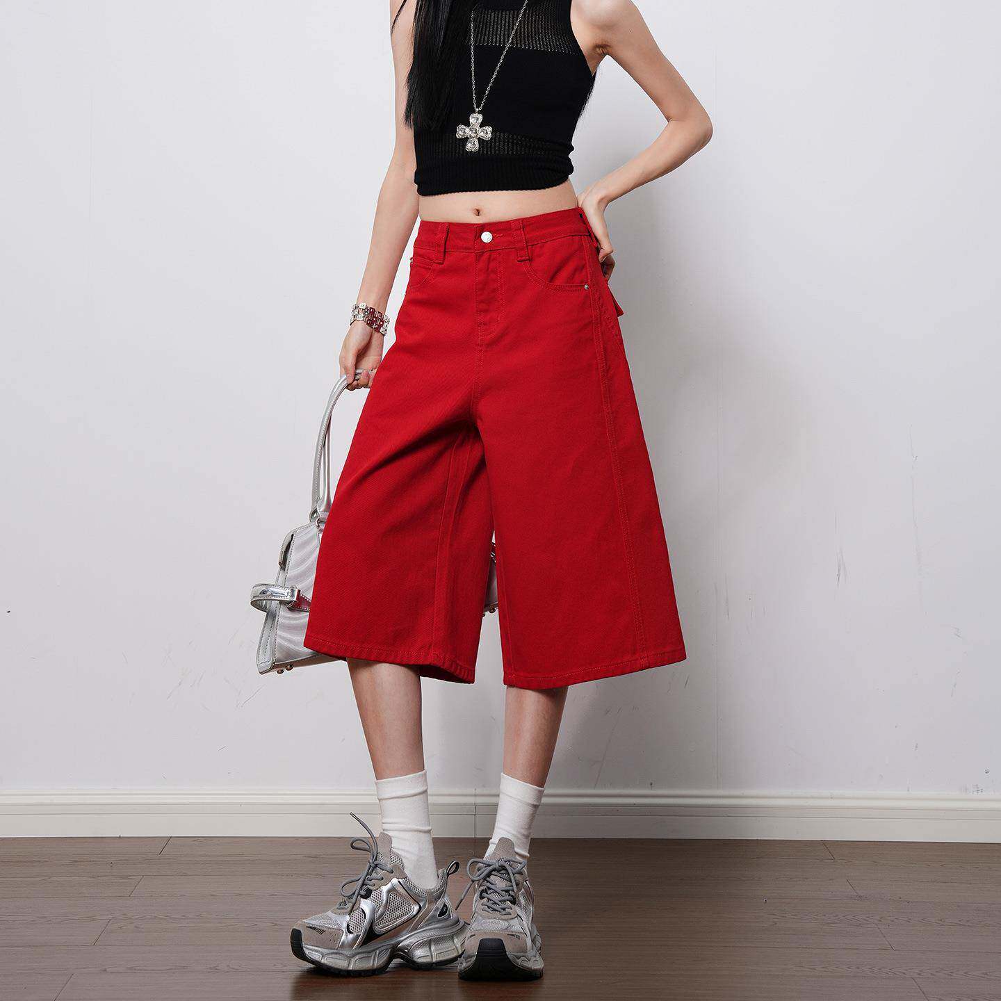 大红色高腰直筒阔腿牛仔裤女春夏新款宽松休闲显瘦百搭七分裤