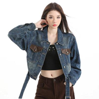 港风美式复古辣妹潮流压花面料工艺新款牛仔外套复古蓝均码