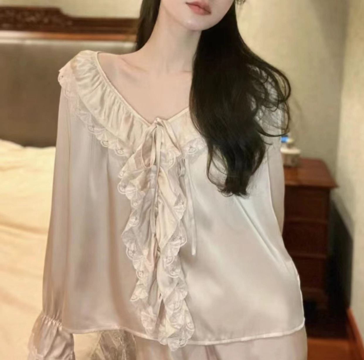 桑蚕丝睡衣女2026年新款春秋夏季法式宫廷风真丝花边长袖家居套装,女士内衣/男士内衣/家居服,睡衣/家居服套装,淘宝优惠券,粉丝福利购,淘宝优惠卷