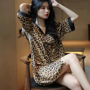 桑蚕丝真丝睡衣女春性感男友风豹纹短袖睡裙衬衫大码高级感家居服