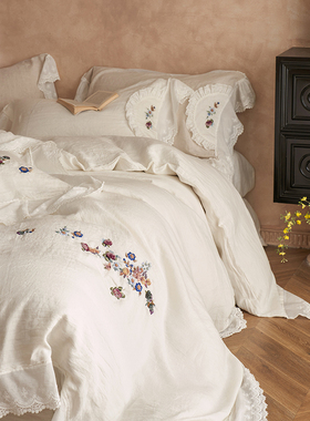 镇店之宝重磅纯汉麻手工绣花四件套法式花边雨露麻床上用品六件套