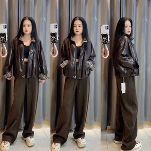 薄款 6009秋款 拼格子超软蛋白皮衣外套衣长56公分左右 跳跳谷