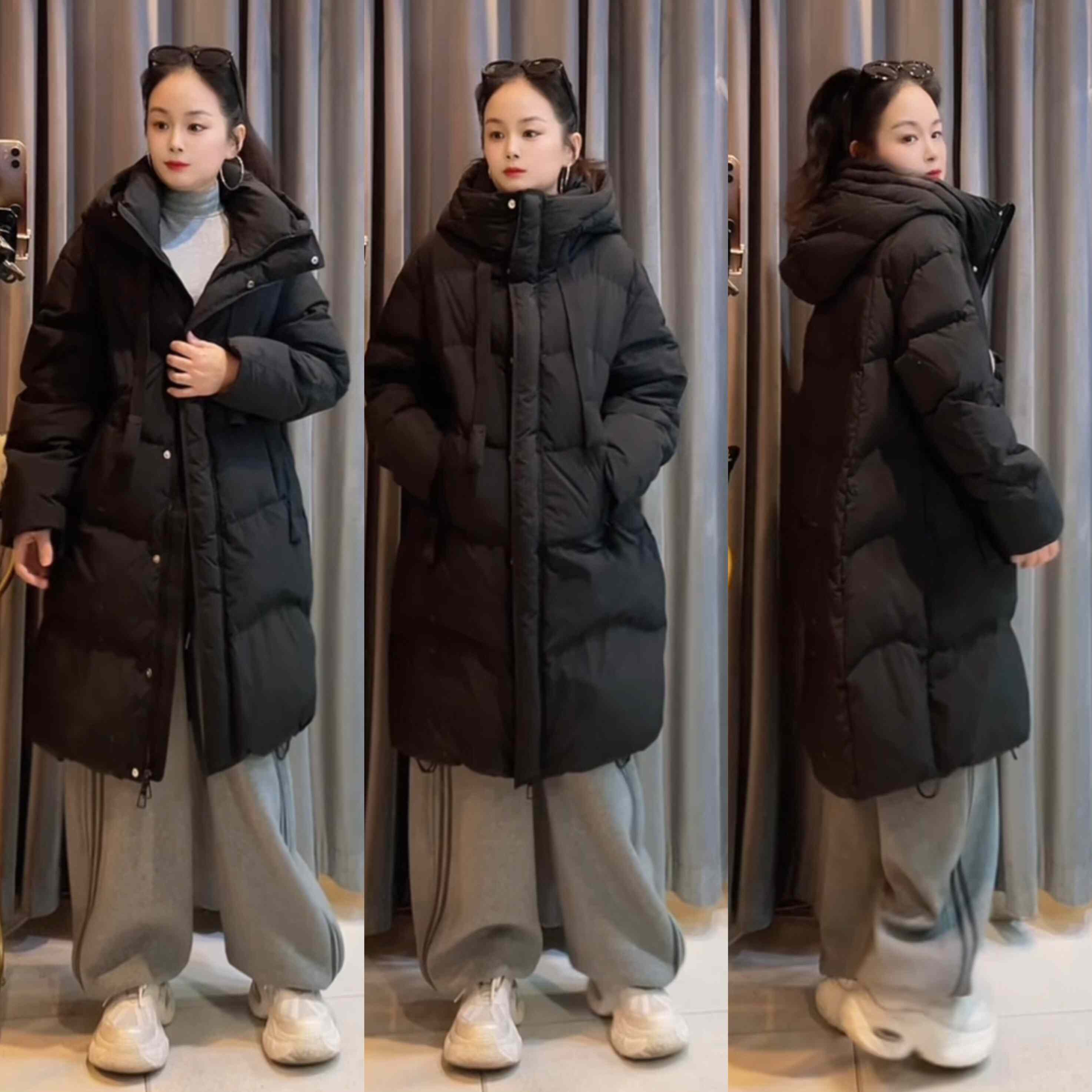 【漫步茶茶】709上新连帽帽子飘带长款保暖羽绒服外套