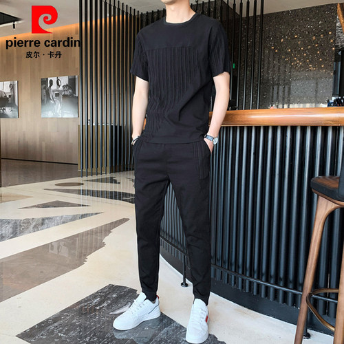 皮尔卡丹夏季冰丝休闲运动套装男士短袖t恤潮牌搭配帅气男装一套
