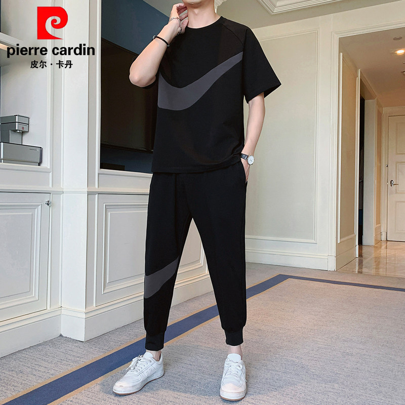 皮尔卡丹夏季套装男士冰丝短袖t恤潮牌休闲运动男装搭配帅气一套