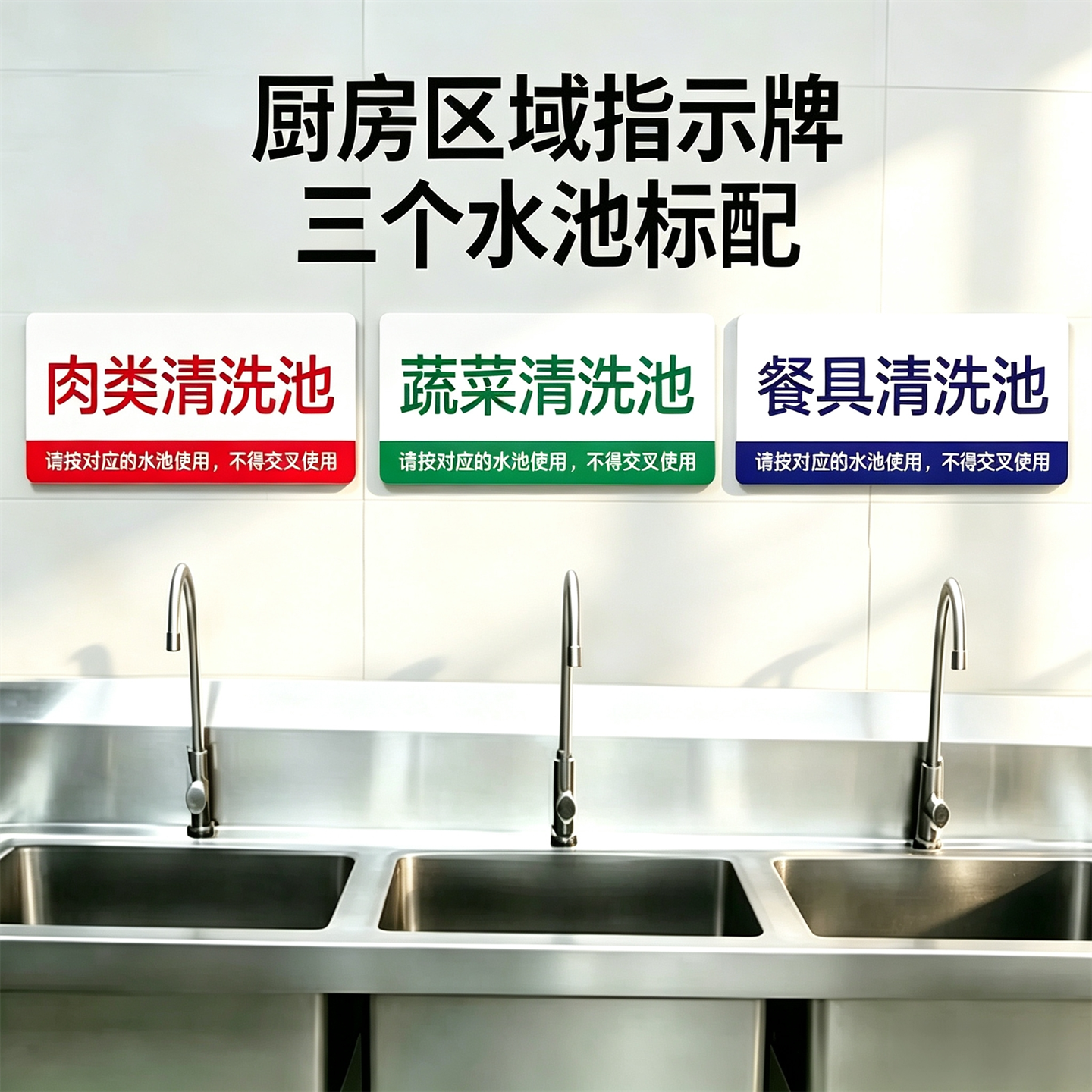厨房卫生标识牌水产肉类蔬菜餐具清洗消毒池一洗二过三消毒标贴