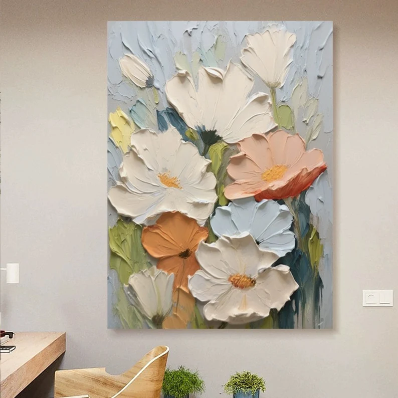 大芬村纯手绘油画奶油风抽象花卉立体肌理客厅挂画玄关走廊装饰画图片