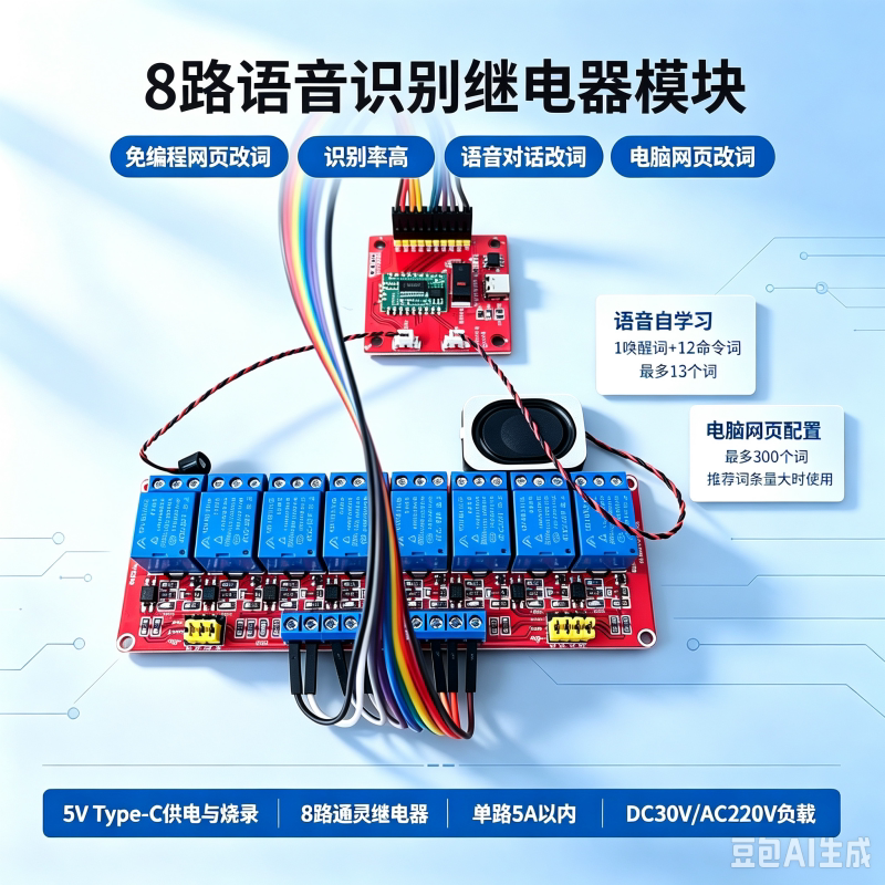 AI离线语音识别8继电器开关模块交直流负载灯具改装智能交互对话