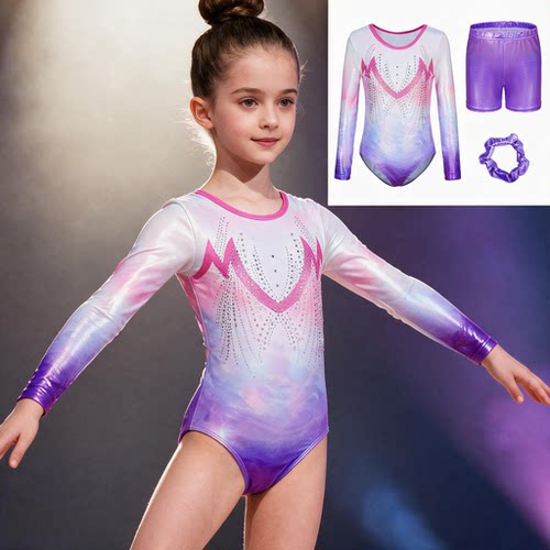 儿童体操服芭蕾舞练功服连体衣+发圈+短裤长袖男女Leotard