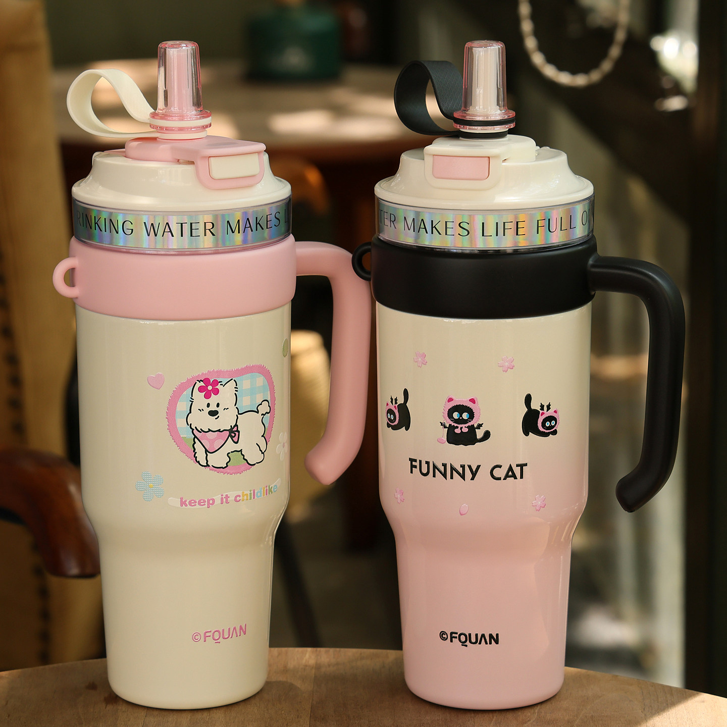 大容量保温杯女生高颜值2025新款办公室水杯带手柄双饮口吸管杯子