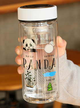 熊猫玻璃杯双层男生网红简约水杯带茶隔女士耐高温办公室泡茶杯子