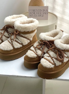 澳洲EVERAU雪地靴秋冬女鞋羊羔毛羊皮毛一体厚底增高保暖EA3012