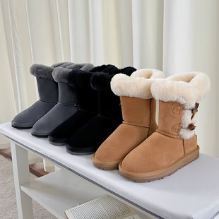 EVERAU鞋 类澳洲2025中筒牛角扣雪地靴女纯羊毛保暖懒人毛毛拖防滑