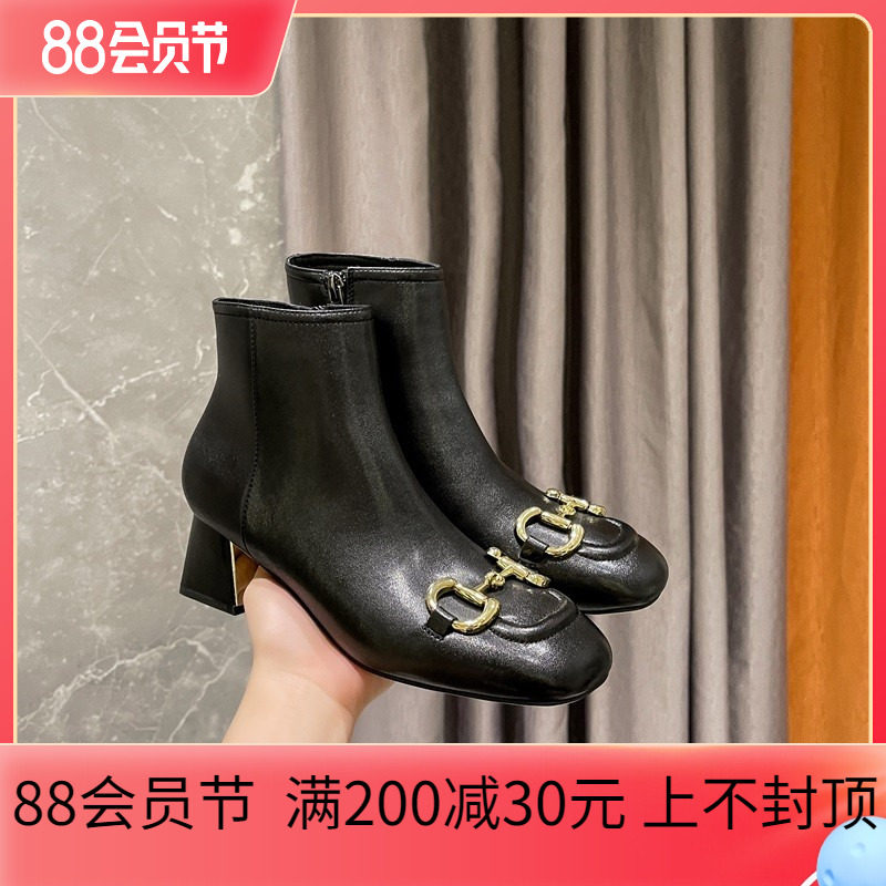 dk秋冬新款马丁靴头层羊皮加绒保暖女靴马衔扣短靴高跟da1334