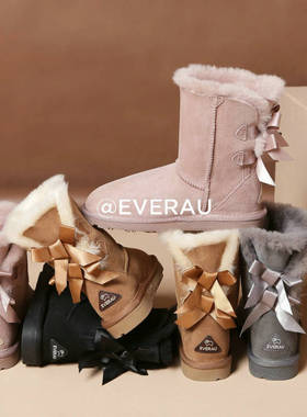 澳洲everau时尚雪地靴蝴蝶结羊皮毛一体防水防滑加厚棉靴女款3044
