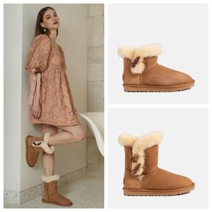 澳洲直邮ozwear牛角扣羊皮毛一体雪地靴保暖中筒靴女款 804