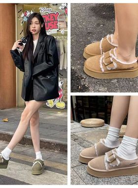 澳洲EVERAU搭扣雪地靴防泼水面羊皮毛一体内里保暖厚底短筒EA5044