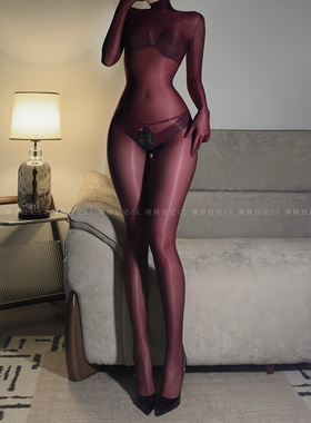 辣妹日记CL「笼纱」全包安可拉红连体衣性感长袖丝滑油亮紧身衣女