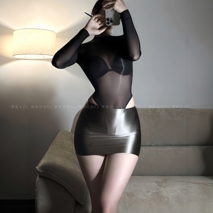 辣妹日记CL「猎手」油光银色超短油亮包臀裙秘书制服套装性感睡裙